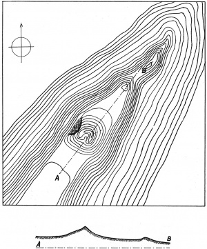 Budeliu piliakalnio planas ir pjuvis. 1-1000, h 1 m. B. Lukosevicius 1937 m. KPC. ASFP. F. 15. Ap. 1. B. 141. L. 3..jpg